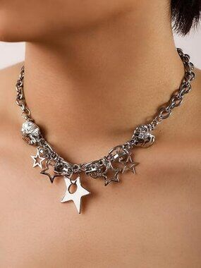 Silver Star Chunky Choker Necklace Punk Y2K Rave Outfit Jewelry
